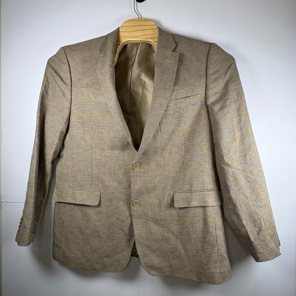 Tommy Hilfiger Men's Glen Plaid Linen Blend Tan Blue 2 Button Lightweight Blazer